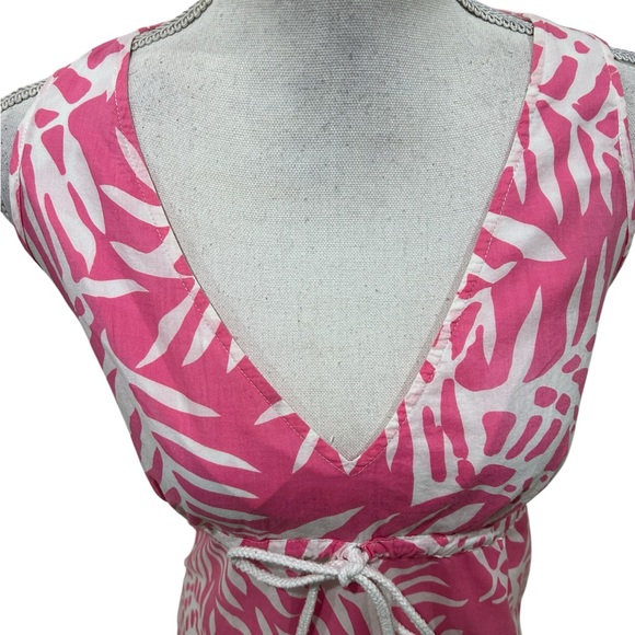 Skirtin Around boutique Pink & White Leaf print v neck sleeveless tie size 10 - Picture 5 of 9